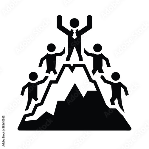 A black and white illustration of a team of businesspeople reaching the top of a mountain, symbolizing their collective success