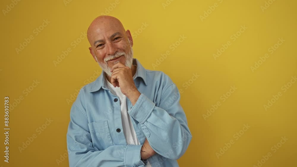 Man senior bald wearing denim shirt standing confidently looking at camera with smiling face and hand on chin over isolated yellow background, arms crossed and thinking positive ideas Man senior bald wearing denim shirt standing confidently looking at camera with smiling face and hand on chin over isolated yellow background, arms crossed and thinking positive ideas