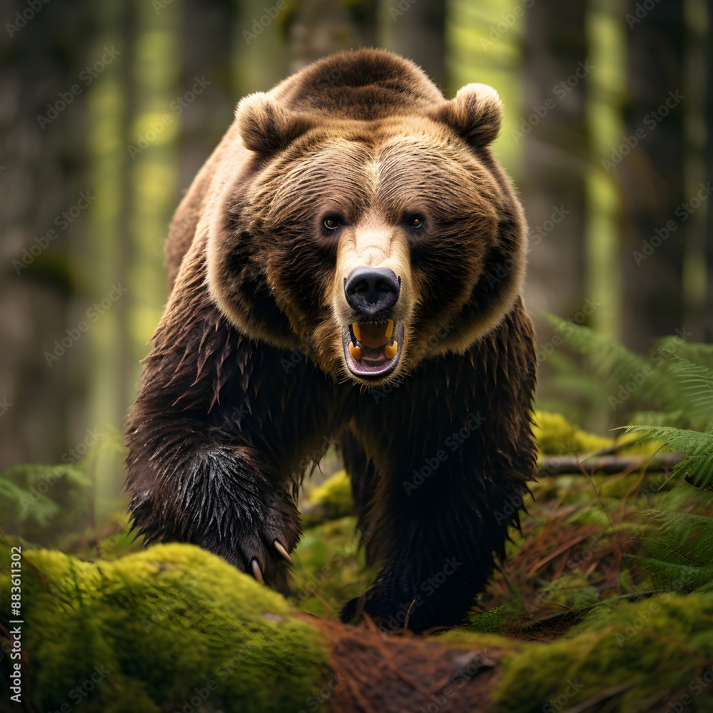 Bow to the King - Majestic Roaring Brown Bear in Sunlit Forest Bow to the King - Majestic Roaring Brown Bear in Sunlit Forest