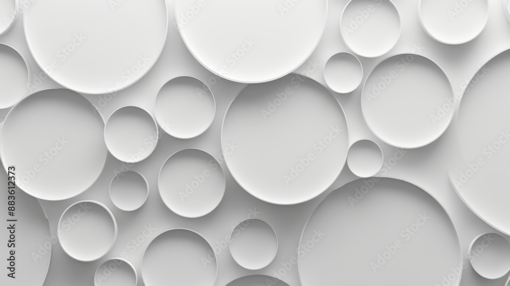 Photorealistic image of a clean, minimalist white background, dominated by prominent uniform geometric circles Photorealistic image of a clean, minimalist white background, dominated by prominent uniform geometric circles