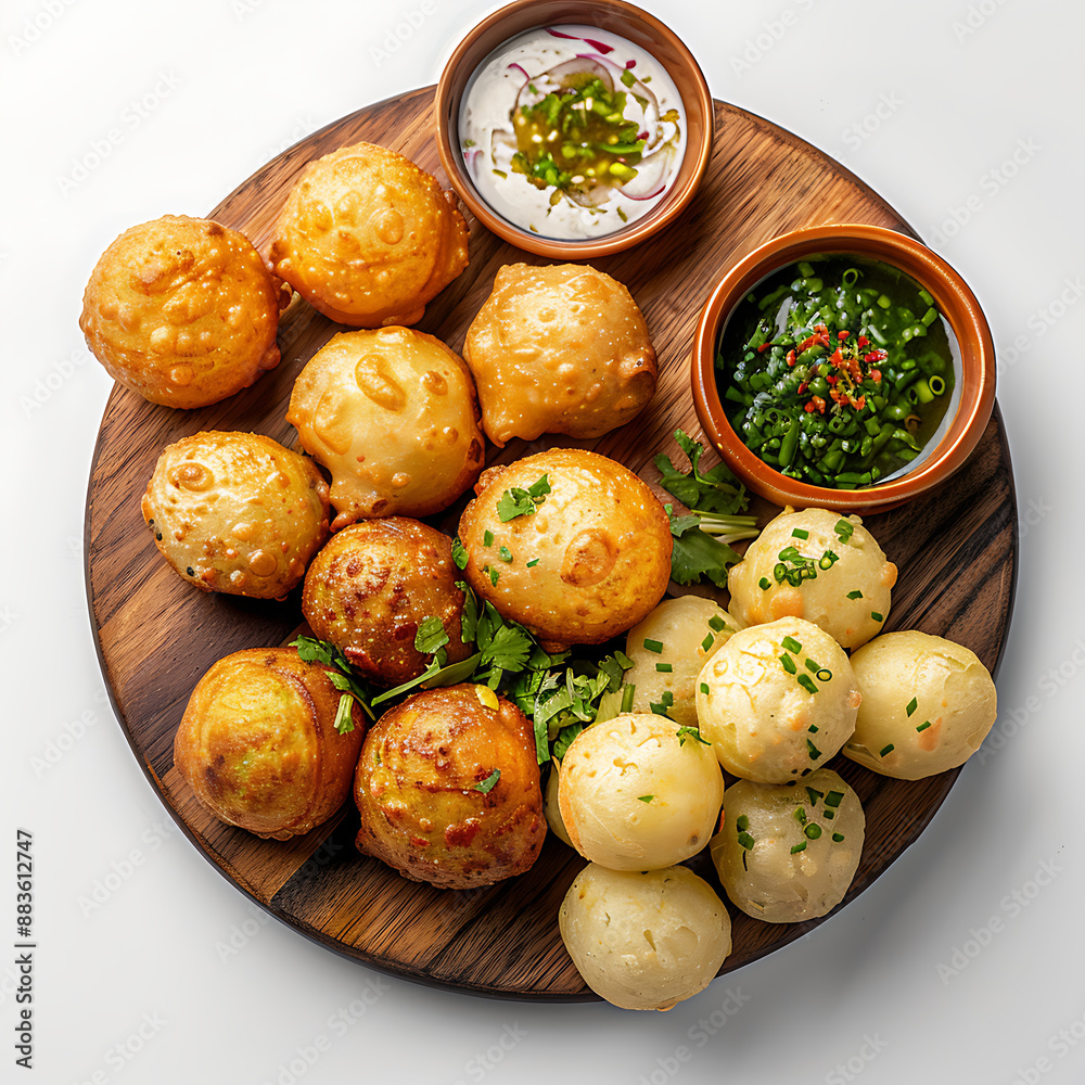 Board and plate of tasty Gol Gappe with on white background. Board and plate of tasty Gol Gappe with on white background.