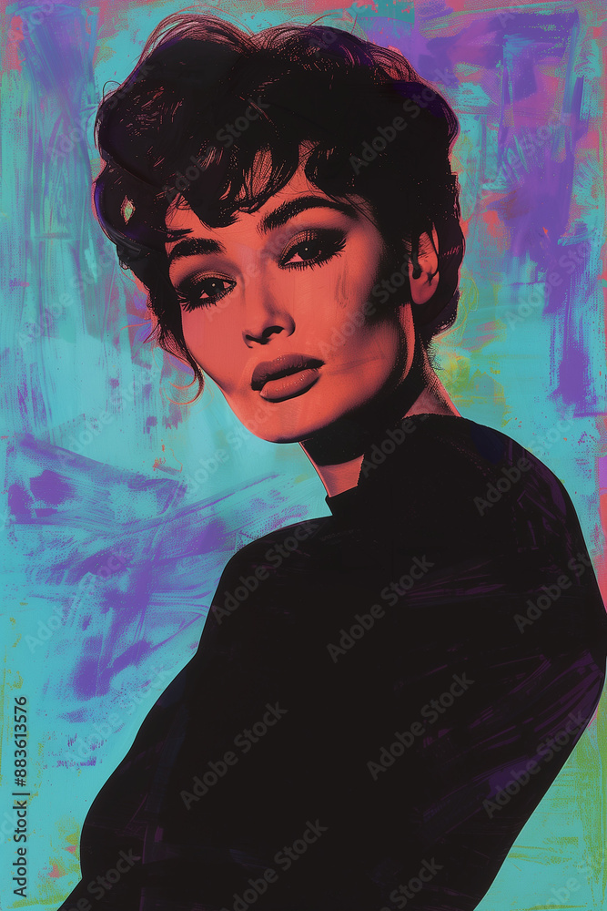 Pop art portrait of a brunette model with vibrant colors, red background, warm tones, and multicolored background. Expressive, dynamic composition with bold lines and high contrast. Pop art portrait of a brunette model with vibrant colors, red background, warm tones, and multicolored background. Expressive, dynamic composition with bold lines and high contrast.