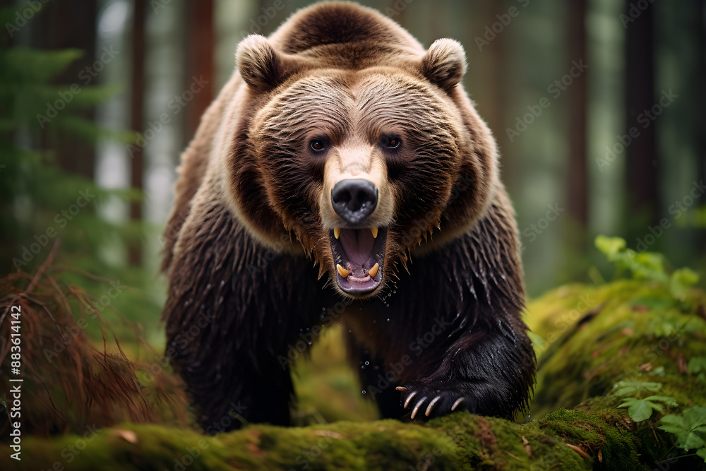 Bow to the King - Majestic Roaring Brown Bear in Sunlit Forest Bow to the King - Majestic Roaring Brown Bear in Sunlit Forest