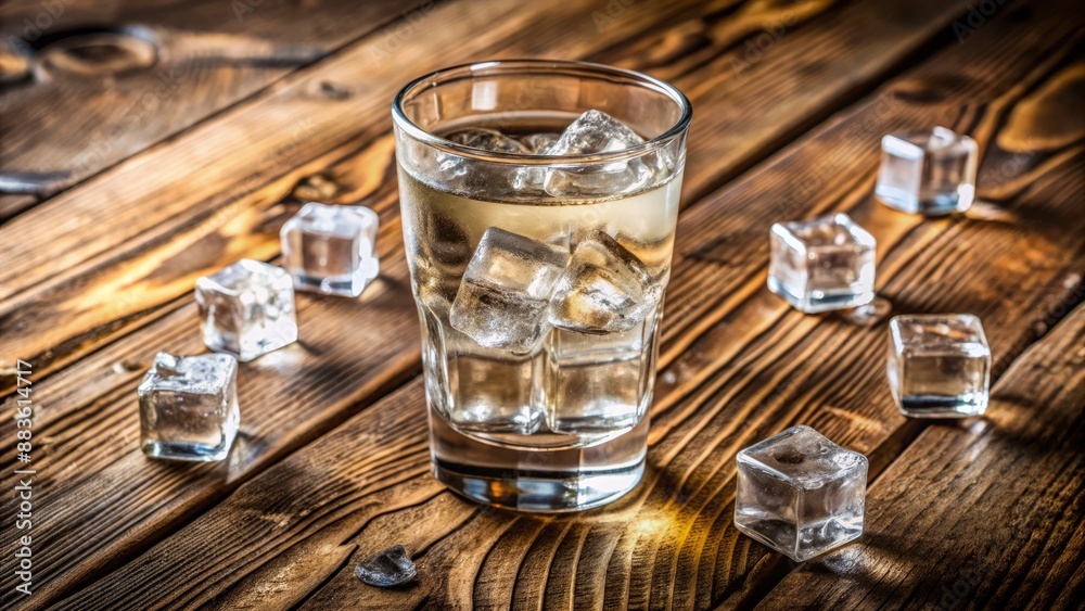A refreshing glass of clear liquid with several ice cubes and a few melting on a worn, natural wooden table surface. A refreshing glass of clear liquid with several ice cubes and a few melting on a worn, natural wooden table surface.