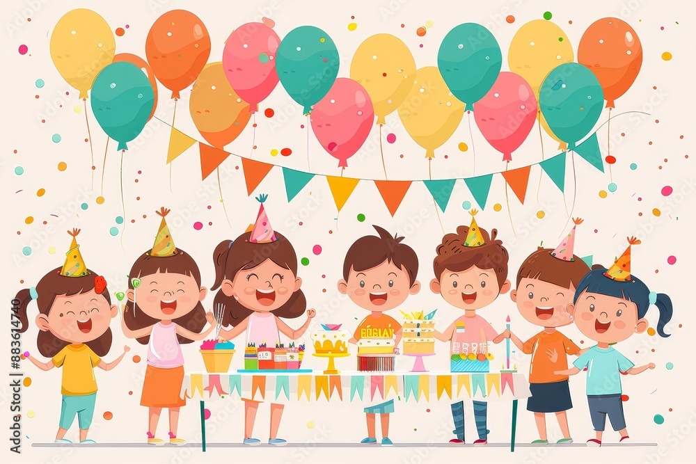 Birthday Party Kids A group of children laughing and playing games at a colorful birthday party, decorated with balloons and streamers Birthday Party Kids A group of children laughing and playing games at a colorful birthday party, decorated with balloons and streamers