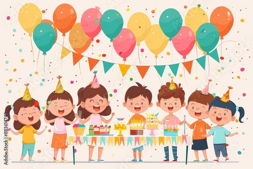 Birthday Party  Kids A group of children laughing and playing games at a colorful birthday party, decorated with balloons and streamers