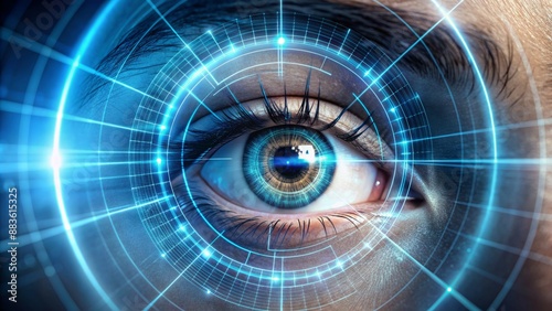 Sleek, modern, futuristic biometric scanner device with glowing blue lines and circles scanning a human eye or iris digitally.