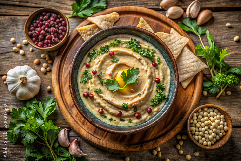 vista cenital de plato vegano de hummus con cilantro encima de una mesa acompañado con un diente de ajo y semillas de pimienta negra. Cuenco de comida vegana. vista cenital de plato vegano de hummus con cilantro encima de una mesa acompañado con un diente de ajo y semillas de pimienta negra. Cuenco de comida vegana.