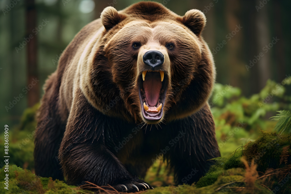 Bow to the King - Majestic Roaring Brown Bear in Sunlit Forest Bow to the King - Majestic Roaring Brown Bear in Sunlit Forest