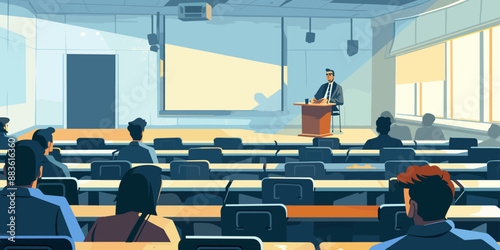 University students attending a lecture in a modern, bright auditorium. Engaged learners listen to a professor at the front, presenting information on a large screen.