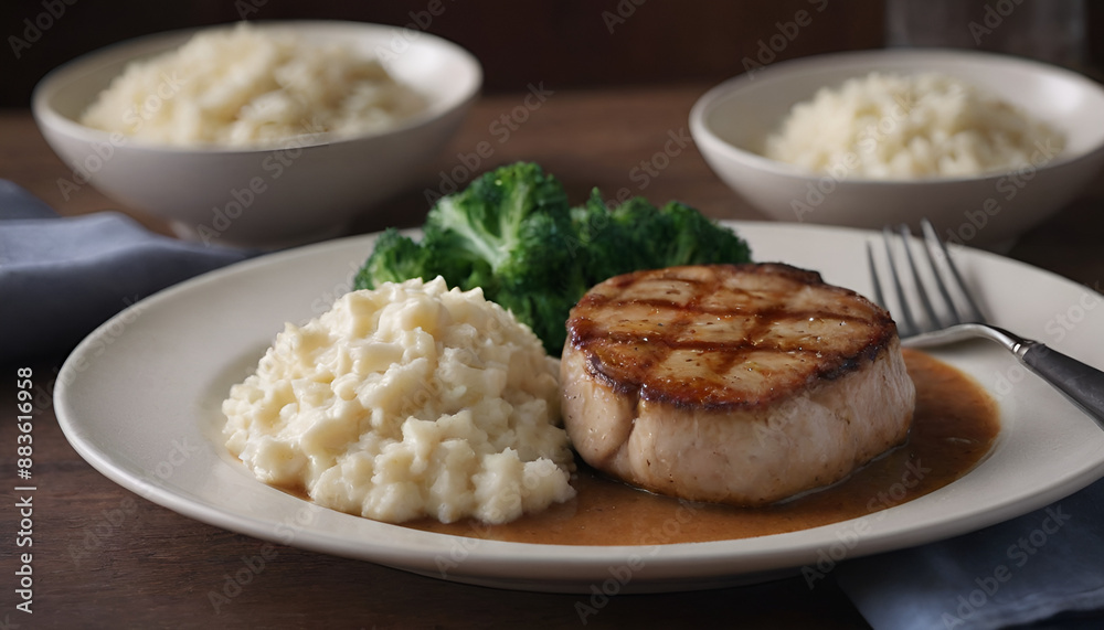 creamy grilled pork chop on a plate with potatoes and vegetables creamy grilled pork chop on a plate with potatoes and vegetables