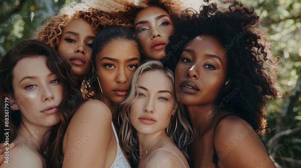 Obraz premium Group of women with different body and ethnicity posing together to show the woman power and strength. Curvy and skinny kind of female body concept. 