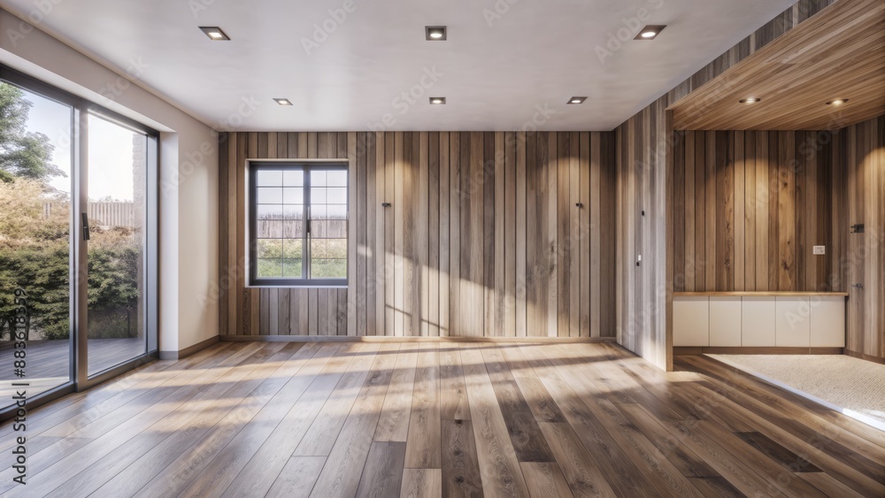 Minimalist empty room with warm wood panel wall and floor, clean lines, and neutral color palette 3D illustration rendering.