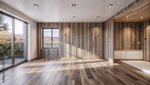 Minimalist empty room with warm wood panel wall and floor, clean lines, and neutral color palette 3D illustration rendering.