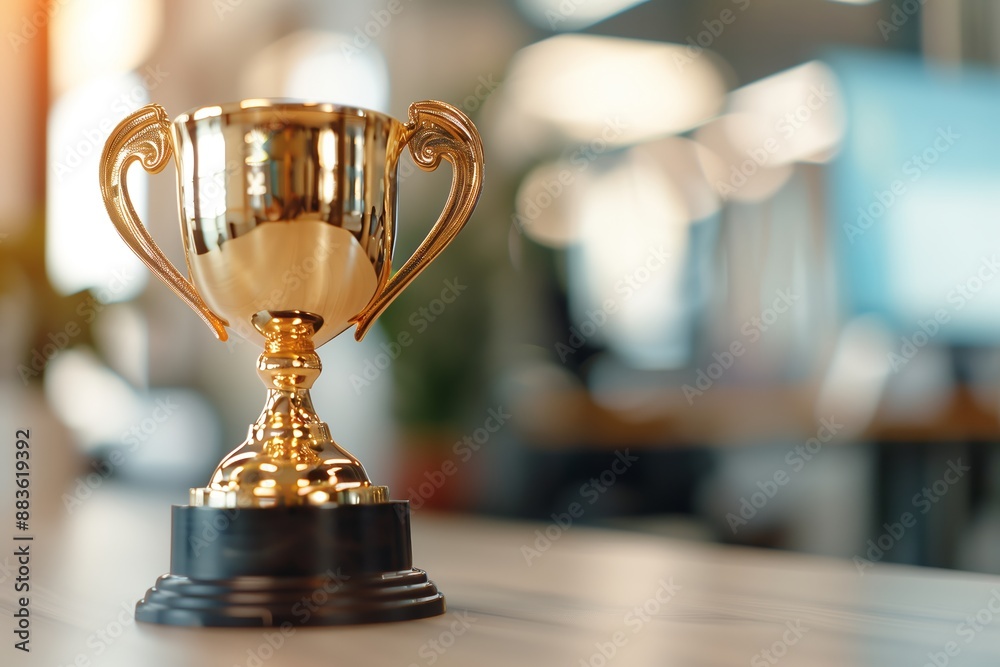 Gold Trophy on Wooden Table Modern Office Setting with Copy Space, Professional Achievement, Victory and Recognition Gold Trophy on Wooden Table Modern Office Setting with Copy Space, Professional Achievement, Victory and Recognition