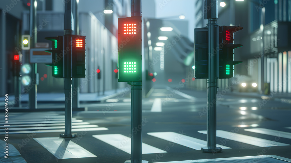 A Futuristic Pedestrian Crossing with High-Tech Traffic Lights and Digital Display in a Sleek, Modern Urban Setting
A Futuristic Pedestrian Crossing with High-Tech Traffic Lights and Digital Display in a Sleek, Modern Urban Setting