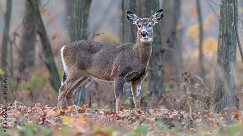 Graceful deer standing alert in the picturesque autumn forest with fallen leaves, surrounded by the serene woodland trees Graceful deer standing alert in the picturesque autumn forest with fallen leaves, surrounded by the serene woodland trees
