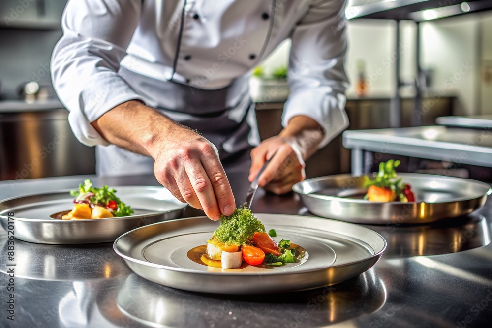 Delicious gourmet dish being carefully arranged on a stylish plate by unseen hands in a sleek, modern, stainless steel professional kitchen environment. Delicious gourmet dish being carefully arranged on a stylish plate by unseen hands in a sleek, modern, stainless steel professional kitchen environment.