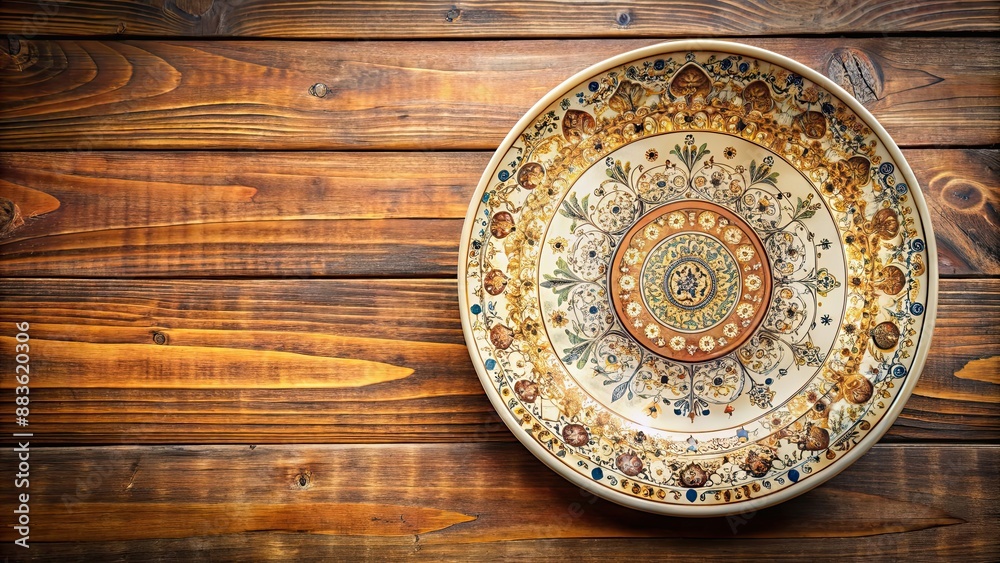 Intricately designed music plate with classical motifs on a wooden table , music, plate, classical, motifs, elegant Intricately designed music plate with classical motifs on a wooden table , music, plate, classical, motifs, elegant