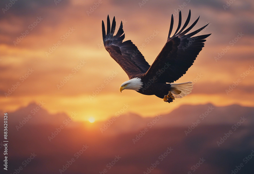 Fototapeta premium bald eagle soaring in the sky with wings spread, dramatic sunset colors