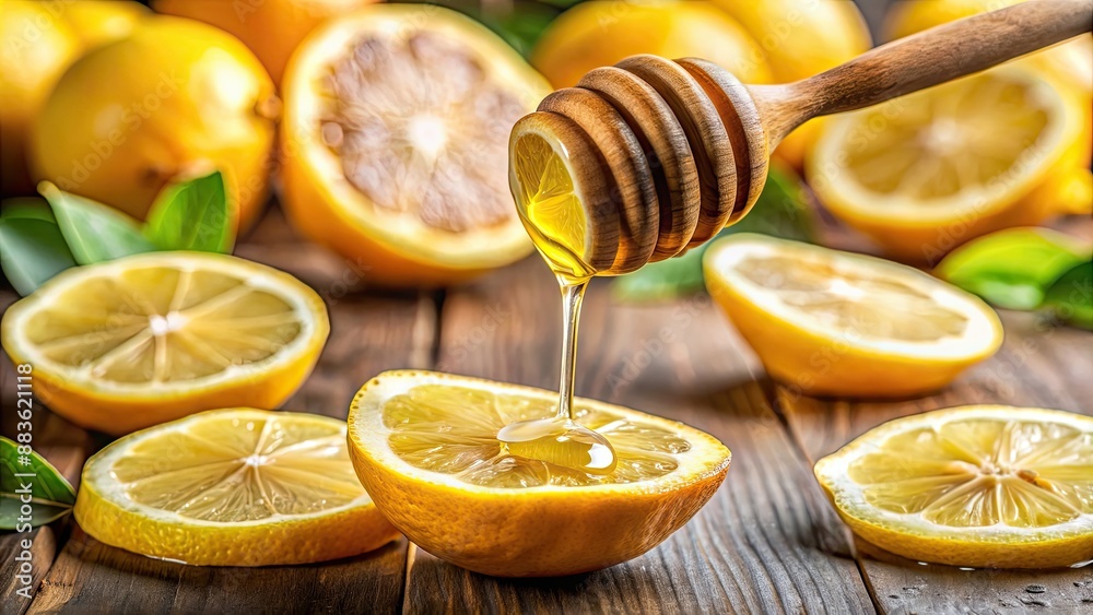 Fresh honey dripping from a spoon onto slices of lemons, healthy, organic, natural, food, sweet, sour, ingredients Fresh honey dripping from a spoon onto slices of lemons, healthy, organic, natural, food, sweet, sour, ingredients