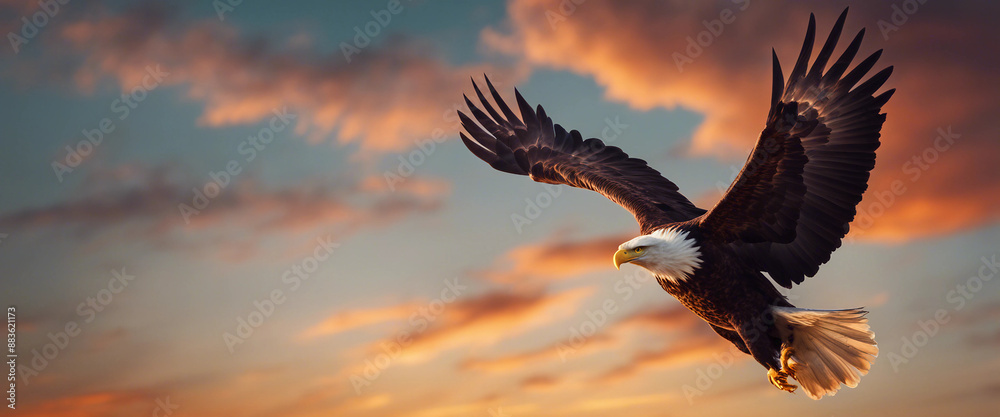 Fototapeta premium bald eagle soaring in the sky with wings spread, dramatic sunset colors