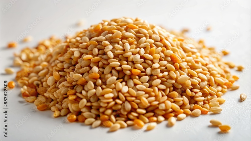 Small, delicate pile of roasted white sesame seeds arranged artfully on a clean, pure white background, showcasing nuanced textures. Small, delicate pile of roasted white sesame seeds arranged artfully on a clean, pure white background, showcasing nuanced textures.