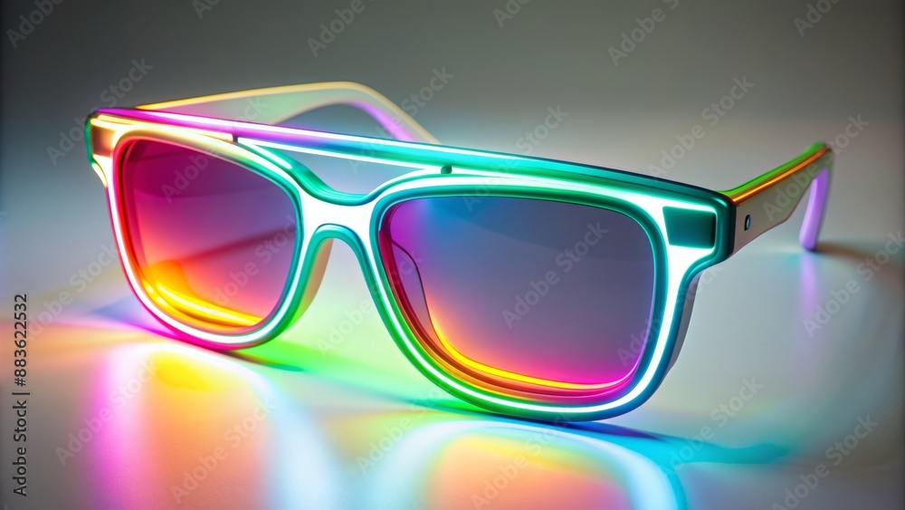 Colorful futuristic 3D shades with sleek design and neon accents resting on a minimalist white background, illuminated by soft light. Colorful futuristic 3D shades with sleek design and neon accents resting on a minimalist white background, illuminated by soft light.