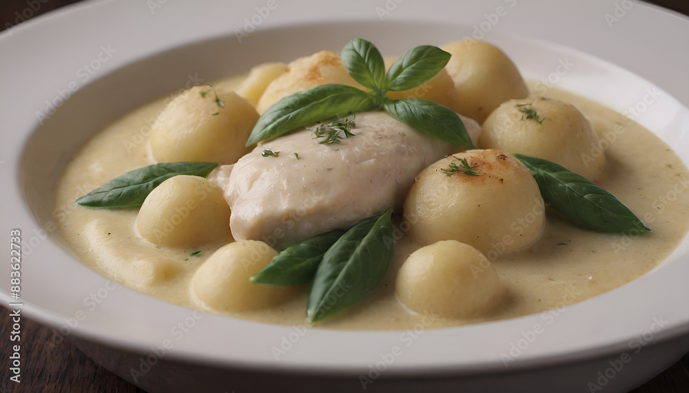 closeup of creamy gnocchi with chicken