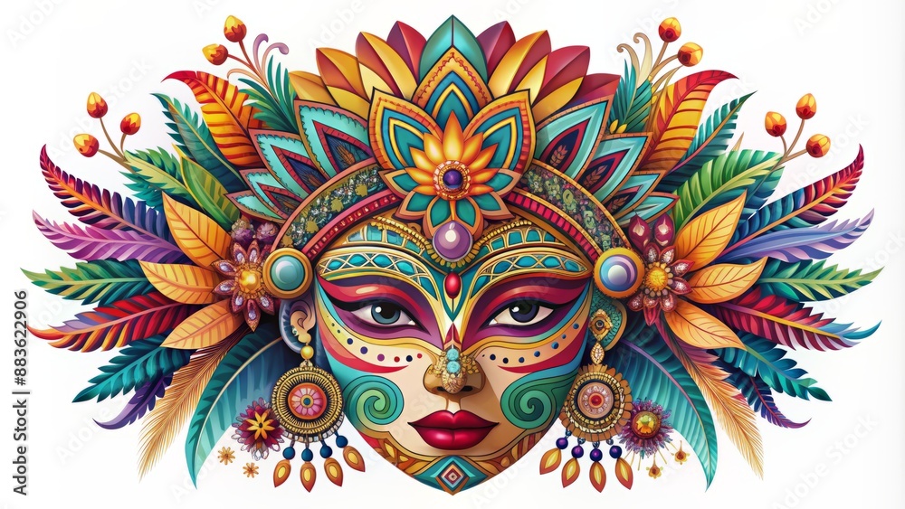 Intricately designed, vibrant Aztec-inspired face mask illustration with feathers, flowers, and geometric patterns on a white background, digitally drawn. Intricately designed, vibrant Aztec-inspired face mask illustration with feathers, flowers, and geometric patterns on a white background, digitally drawn.