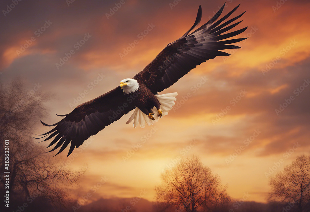 Obraz premium bald eagle soaring in the sky with wings spread, dramatic sunset colors