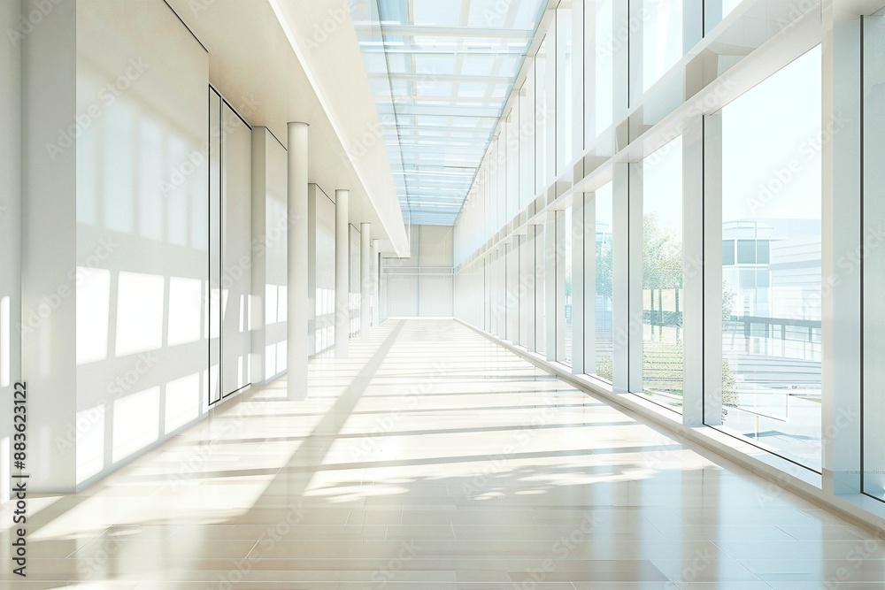 A bright, clean white hallway with large glass windows in modern architecture, letting in sunlight, and the floor is wooden, Generative AI
A bright, clean white hallway with large glass windows in modern architecture, letting in sunlight, and the floor is wooden, Generative AI