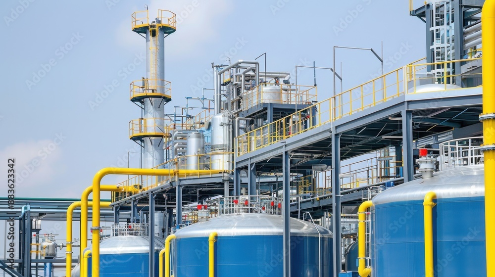 A large industrial plant with many tanks and pipes