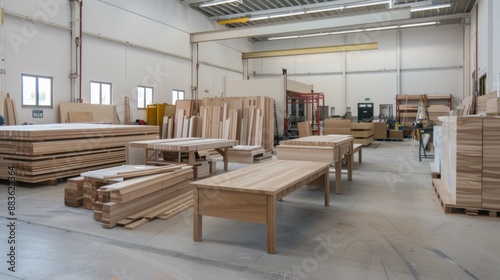 A wood shop with many pieces of wood and tables