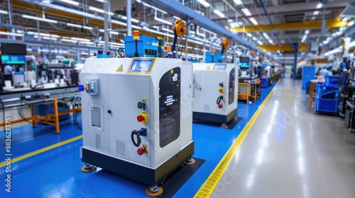 A factory floor with two machines on a blue floor