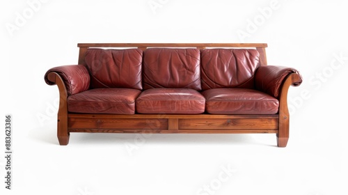 A red leather couch with three cushions