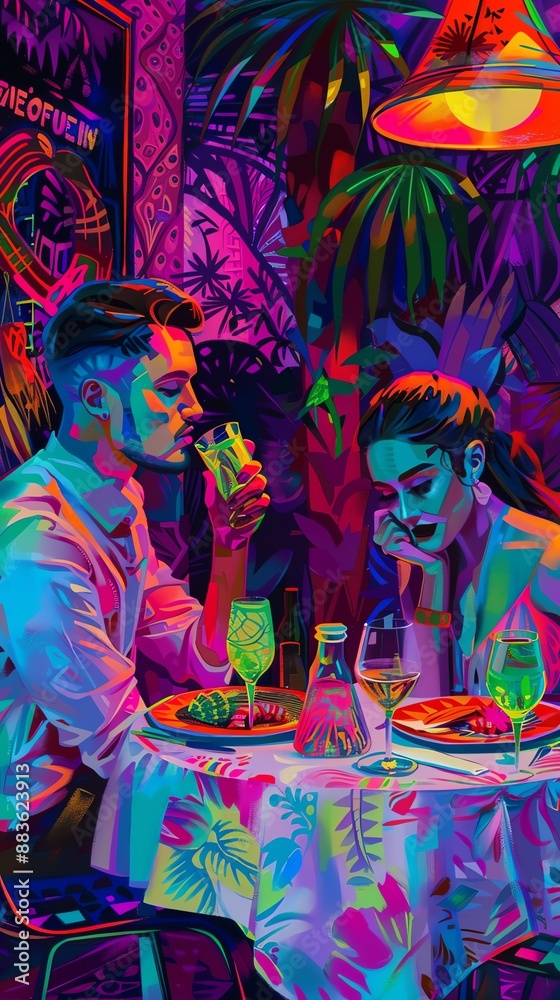 A vibrant, neon-lit dinner scene with two people enjoying drinks and food at a beautifully decorated table under colorful lighting A vibrant, neon-lit dinner scene with two people enjoying drinks and food at a beautifully decorated table under colorful lighting