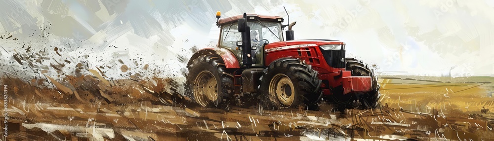 A tractor racing through a muddy field in a competitive farm machinery race A tractor racing through a muddy field in a competitive farm machinery race