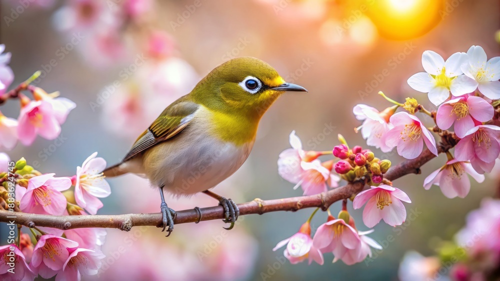 Exotic Japanese white-eye bird perched on delicate cherry blossom branch against serene bokeh green forest background in spring. Exotic Japanese white-eye bird perched on delicate cherry blossom branch against serene bokeh green forest background in spring.