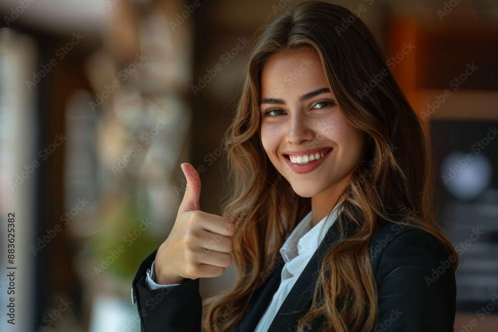 Smiling businesswoman giving a thumbs-up gesture, expressing confidence in her successful project completion.