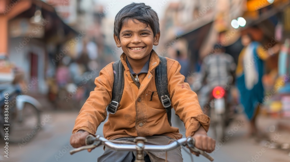 Obraz premium Happy Indian Schoolboy Riding His Bike Home, Enjoying Daily Commute. Back to School concept.