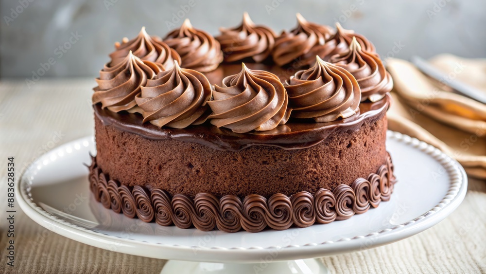 Decadent richly frosted chocolate cake decorated with swirls of velvety cream sits alone on a elegant white porcelain plate.