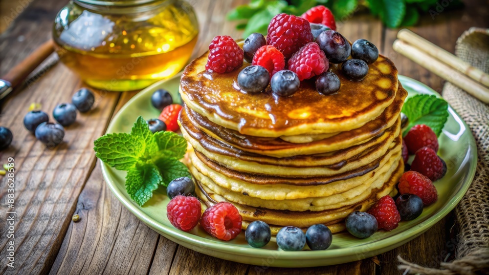 Golden brown pancakes stacked high with drizzling honey and fresh berries on a vintage wooden breakfast table setting. Golden brown pancakes stacked high with drizzling honey and fresh berries on a vintage wooden breakfast table setting.