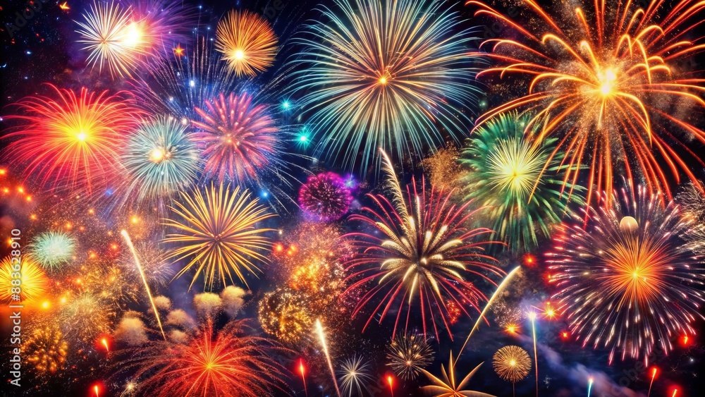 Vibrant colorful explosions of light amidst dark blackness, mesmerizing patterns of twinkling sparks, swirling firework trails illuminate the night sky. Vibrant colorful explosions of light amidst dark blackness, mesmerizing patterns of twinkling sparks, swirling firework trails illuminate the night sky.