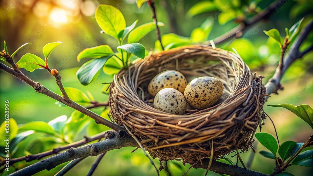 Fototapeta premium A serene bird's nest with three speckled eggs, surrounded by twigs and leaves, perched on a sturdy branch in nature.
