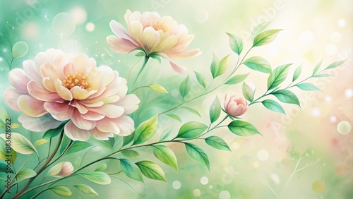 Delicate, dreamy, pastel-hued watercolor petals unfolding from a lush, vibrant green stem against a soft, creamy white background.