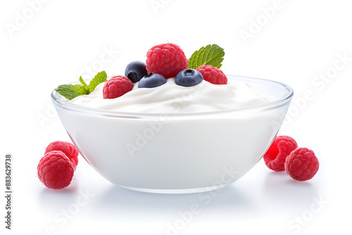 White yogurt with raspberries in a bowl isolated on white background