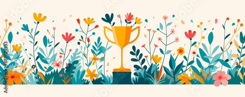 a big honorary award in foreground  made of vines and flowers, slowly growing and blooming, symbolizing the ongoing process of achievement