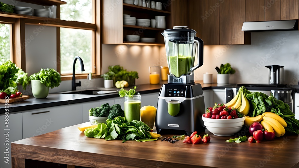 A blender sits on a counter with a variety of fruits and vegetables A blender sits on a counter with a variety of fruits and vegetables