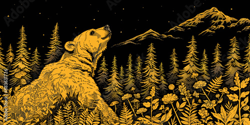 Nighttime Forest Scene with Bear Looking at Mountains for Wilderness-Themed Art and Nature Decor